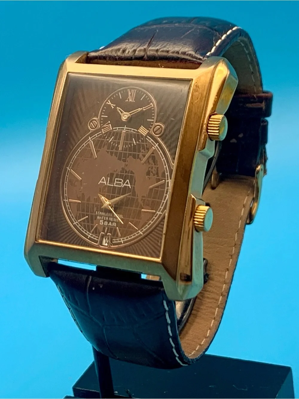 ALBA By SEIKO WWB5-X002 Men’s Rare Dual Dial Tank Watch St Steel Works New Batts